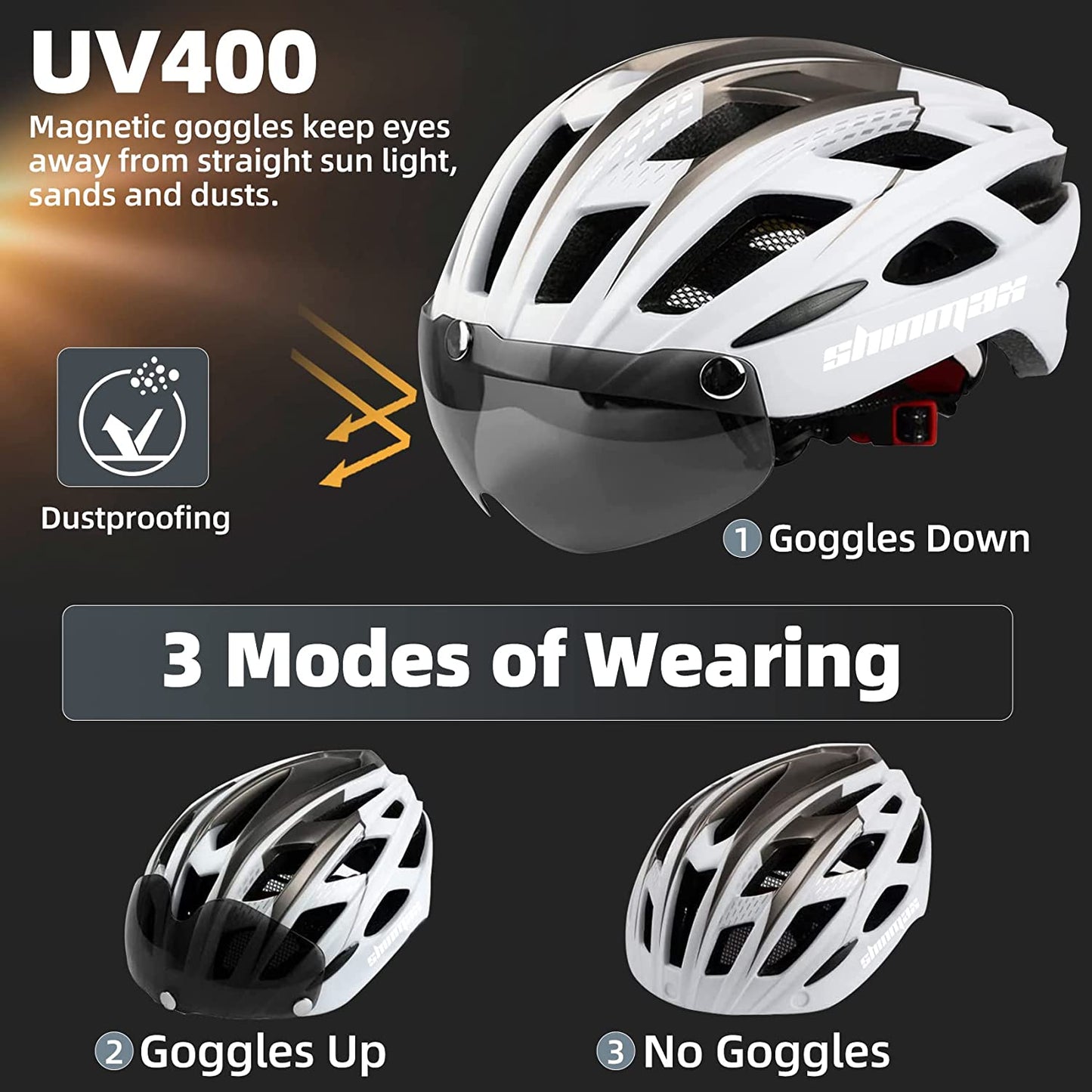 Bike Helmet, CPSC/CPC Certificated Bicycle Helmet with Detachable Magnetic Goggles&Led Back Light&Portable Backpack Cycling Helmet Adjustable Mountain Bike Helmet for Adult Men Women SM-T69