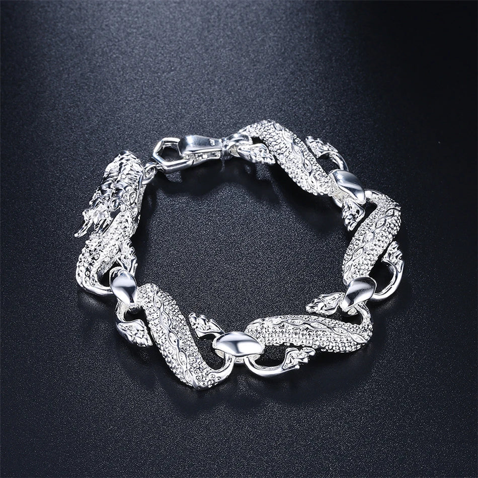 DOTEFFIL 925 Sterling Silver Dragon Bracelet Bangle Ring Set For Woman Man Wedding Engagement Party Fashion Charm Jewelry