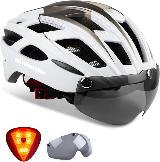 Bike Helmet, CPSC/CPC Certificated Bicycle Helmet with Detachable Magnetic Goggles&Led Back Light&Portable Backpack Cycling Helmet Adjustable Mountain Bike Helmet for Adult Men Women SM-T69